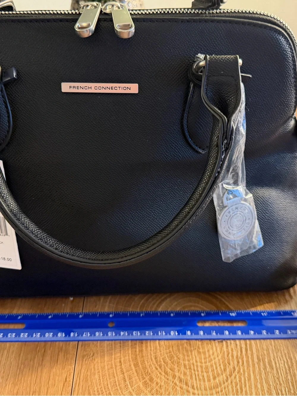 French Connection Womens Black Leather Travel Satchel/Top Handle Bag 12”x10”x6”